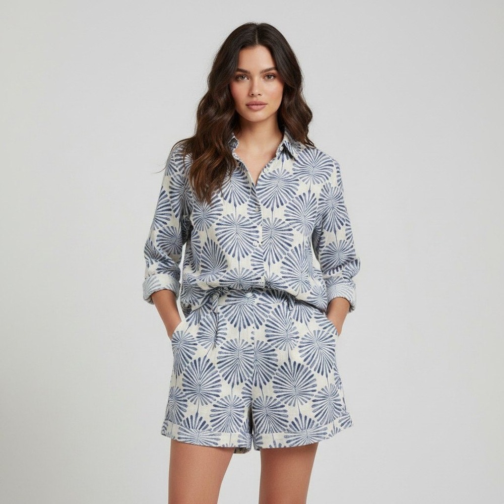 Joie Blue White Palm Leaf Print Linen Shirt and Shorts Set Womens Size Medium